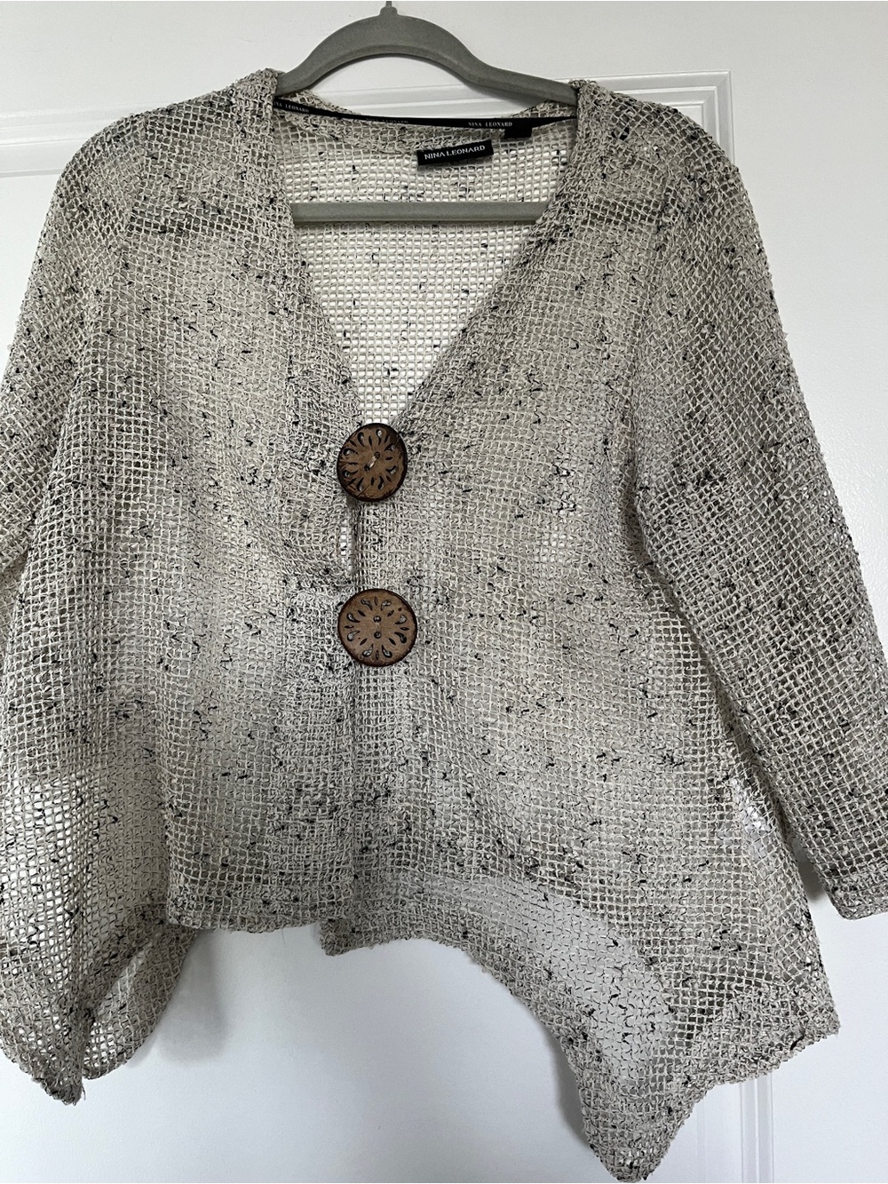 Nina Leonard Open Weave Knit Top in Beige with Brown Buttons